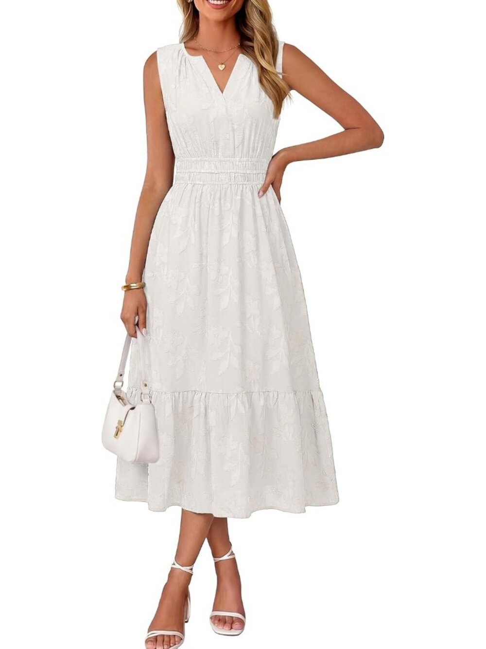 Women's White Sleeveless V Neck A LINE Floral Casual Imported Maxi Dress